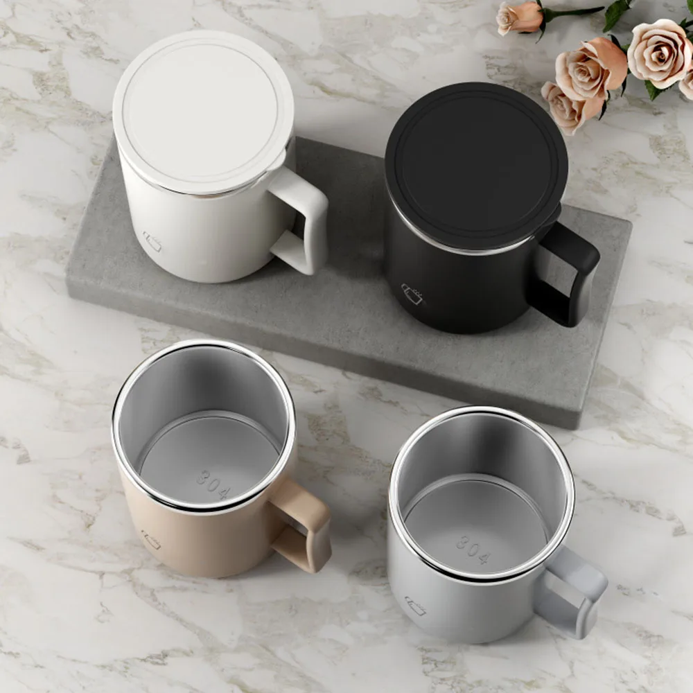 Einfarbiger Edelstahl-Wassertasse, auslaufsicher, kreativer Griff, Kaffeetasse für Büro und Zuhause mit Deckel
