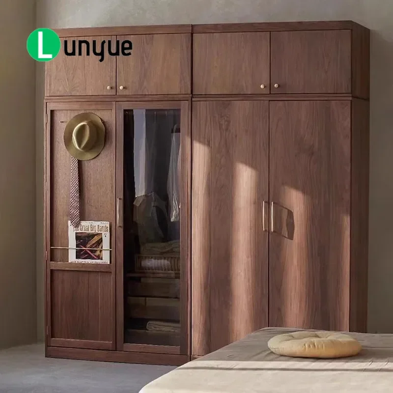 North American Black Walnut Solid Wood Wardrobe Sliding Door Bedroom Storage Cabinet New Chinese Style Simple Home Furniture