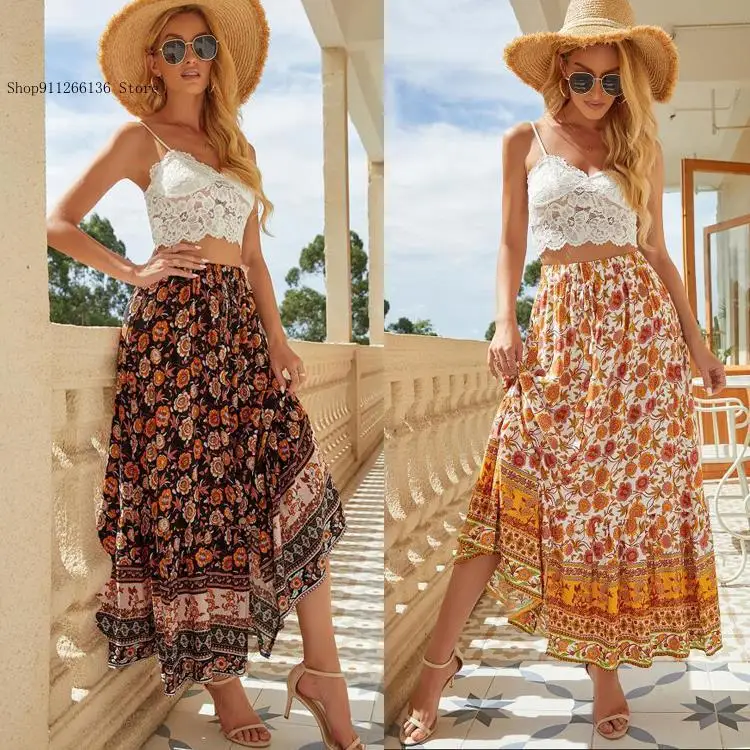 Summer and Autumn Leisure Travel Simple Commuting Thin Design High Waisted Printed Split Half Skirt for Women