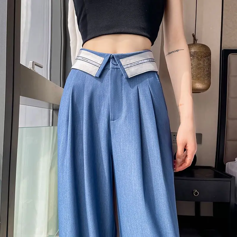 High Waist Straight Pants For Women Denim Ice Silk Loose Patchwork Trousers Full Length Wide Leg Pants Belted Female 8568