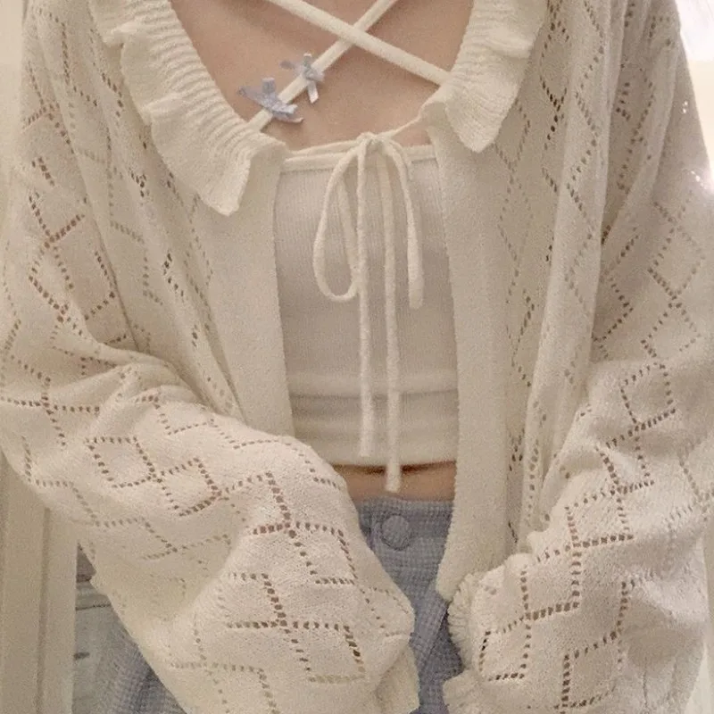 Sweet Style Cardigans Women Summer Girls Clothing Sunscreen Outwear Hollow Out Chic Lace-up Design Solid Knitted Long Sleeve