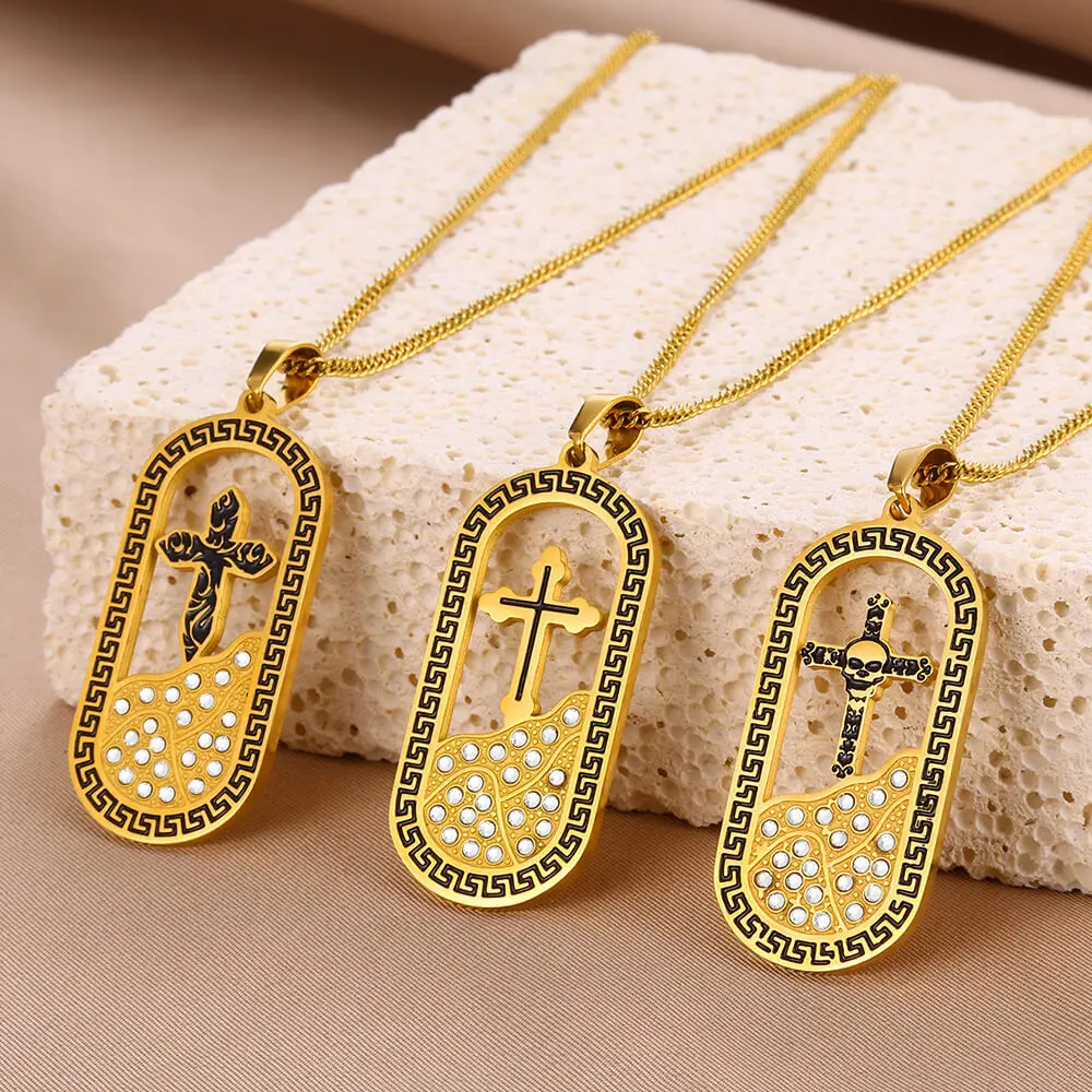 Gold Color Jesus Cross Necklace Men Women Christian Jewelry Stainless Steel Cuban Chain Zirconia Cross Necklace