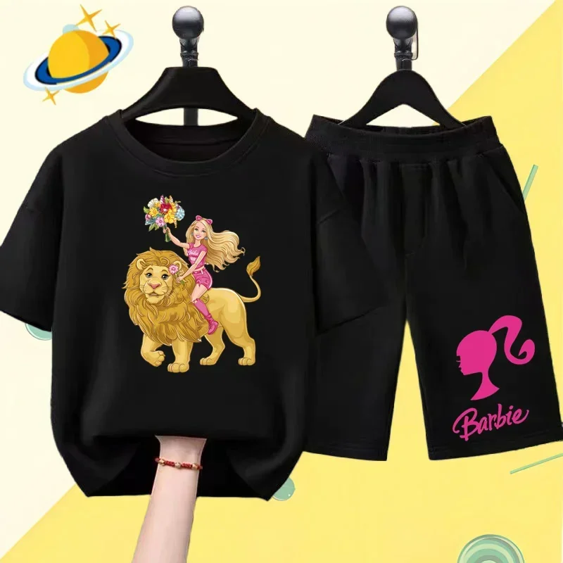 Disney Barbie children's T-shirt set lively cute girls round neck short sleeve shorts 2 piece set casual shirt Kawaii casual top