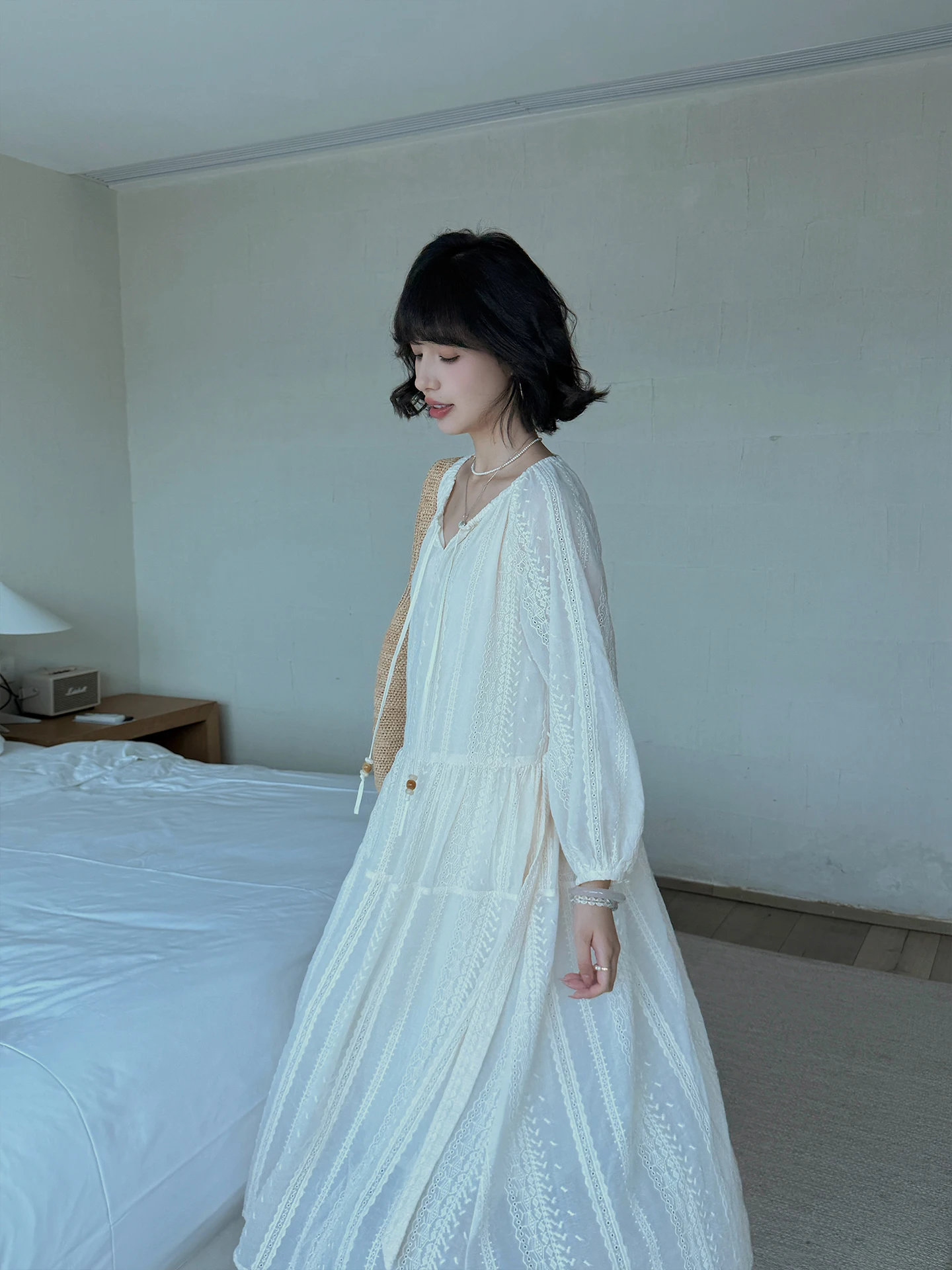 

MOR Morning Fog Long Sve Embroidered Lace Loose Waist A-Line Dr V-Ne Women's Maxi Skirt Cotton Breathable Summer