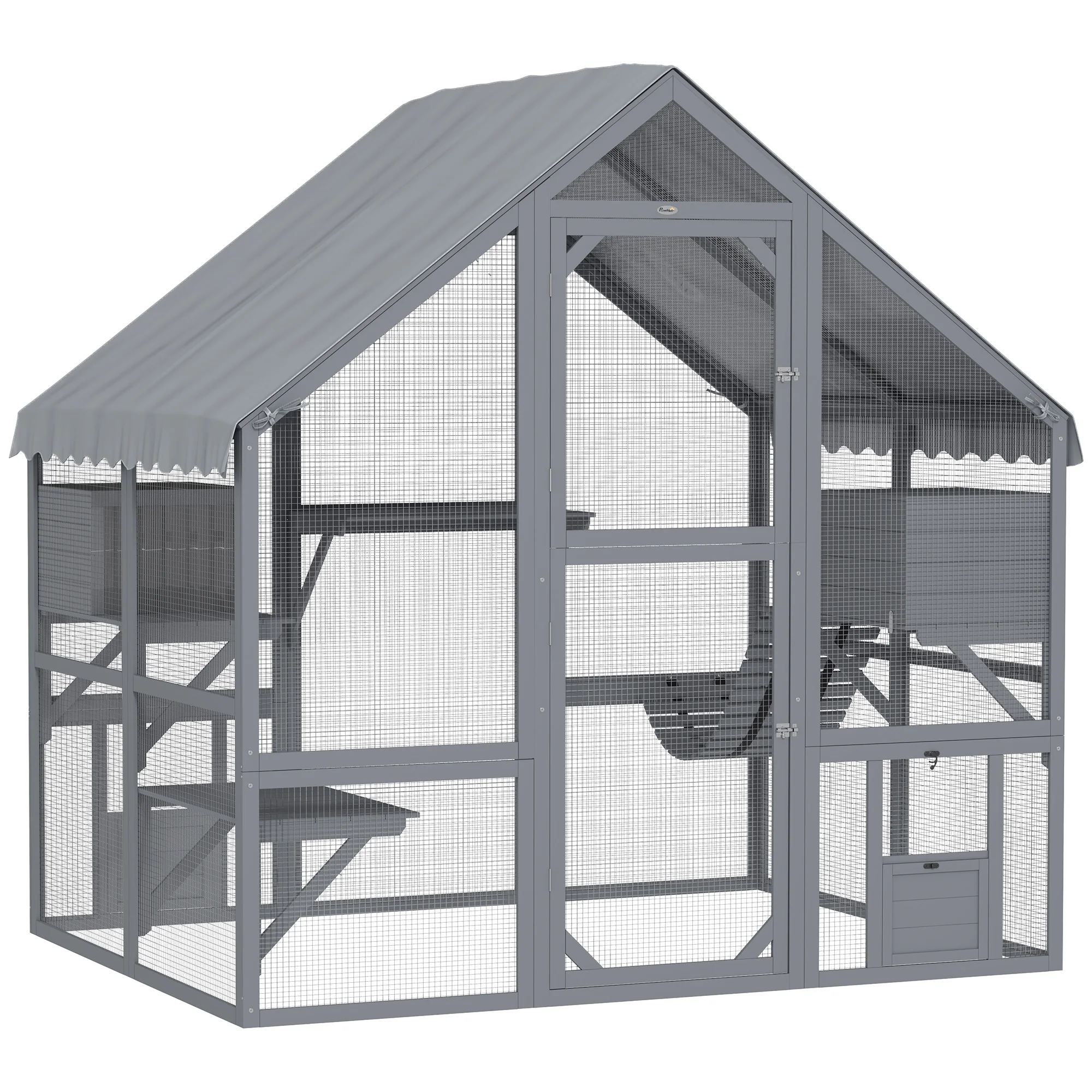 

Wooden Catio Outdoor Cat Enclosure with Waterproof Cover, 2 Condos, 4 Platforms, Bridge, Doors, Gray