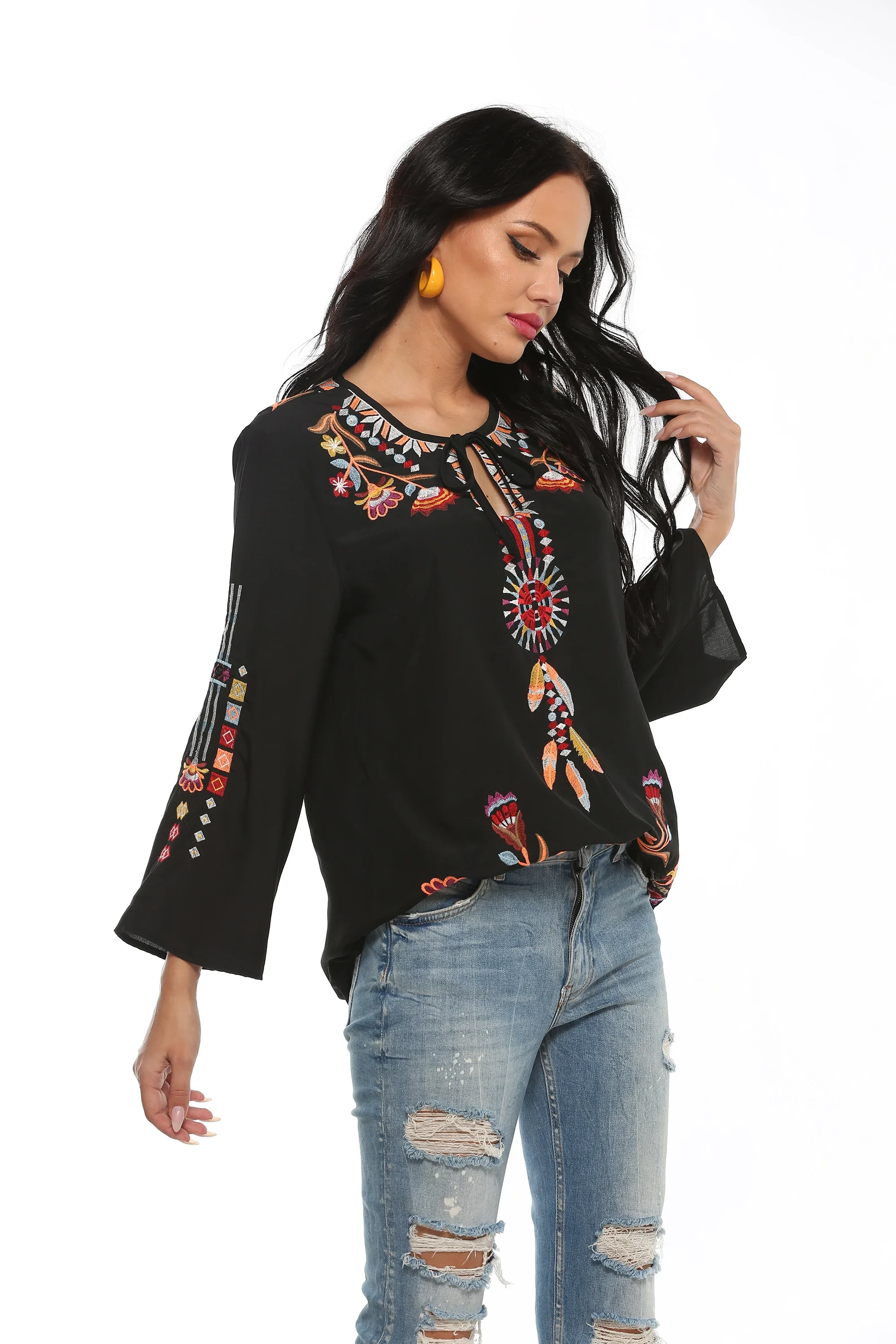 Eaeovni Embroidery Blouses Shirt Women Cotton Boho Mexican Shirt Long Sleeve Shirt Shirts Summer Plus Size Shirts For Women