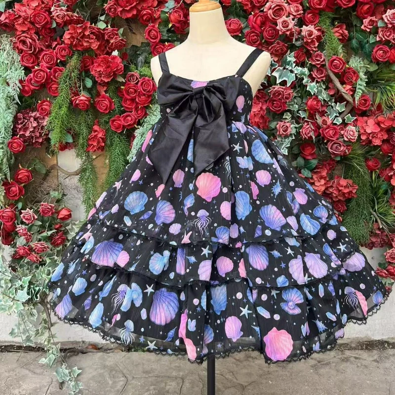

Japanese Sweet Lolita Style Women Kawaii Cute Shell Print Square Collar Sleeveless JSK Dress Girly Camisole Y2k Party Mini Dress