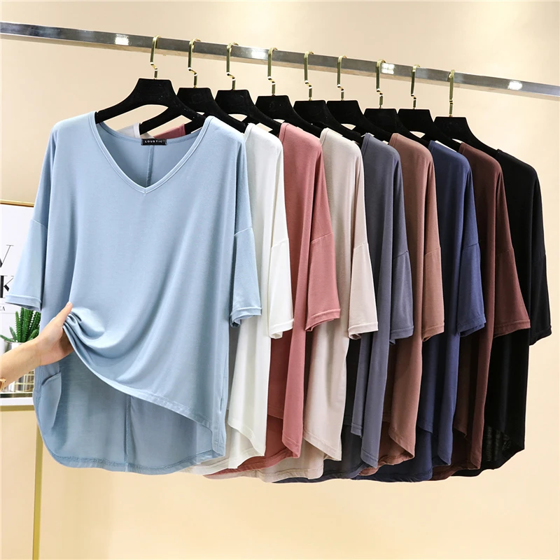 Summer Solid V-neck T-shirt Women Half-Sleeve Female Casual Loose Cotton Modal Tops Casual Base T-Shirts Homewear