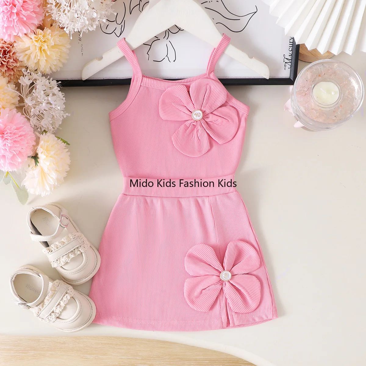 2026 New Summer Fashion Kids Girls Outfit, Pink Floral Spaghetti Strap Tank Top & Shorts 2PCS Clothing Set