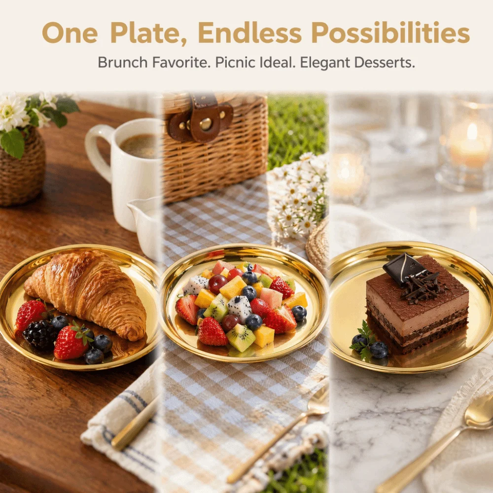 Gold Stainless Steel Round Plate Shallow Tray Easy Clean Rustproof Outdoor Camping Tray Flat Picnic Snack Plate Restaurant
