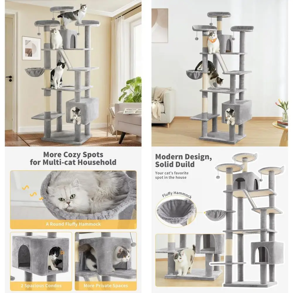 

80-высокая современная кошачья башня для больших домашних кошек с царапинами, гамаком, жердочкой и презервативами, светло-серого цвета