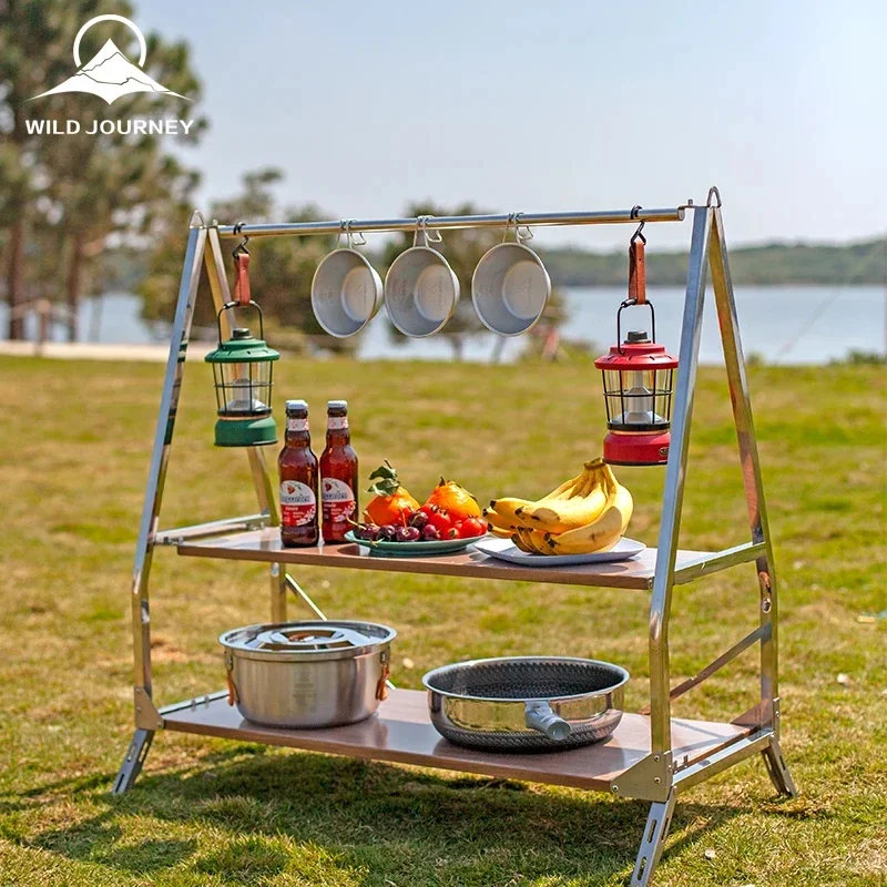 Camping Outdoor 2 Layer Tourist Folding Table Portable Multi-layer Shelf Outdoor Travel Camping Table Wild Journey