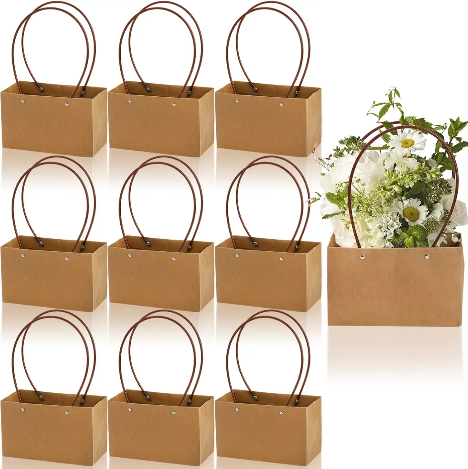 Paquete de 10 Bolsas de Regalo de Papel Kraft con Asas, Forro Impermeable para Flores, Recuerdos de Fiesta, Ultra Resistentes y Reutilizables