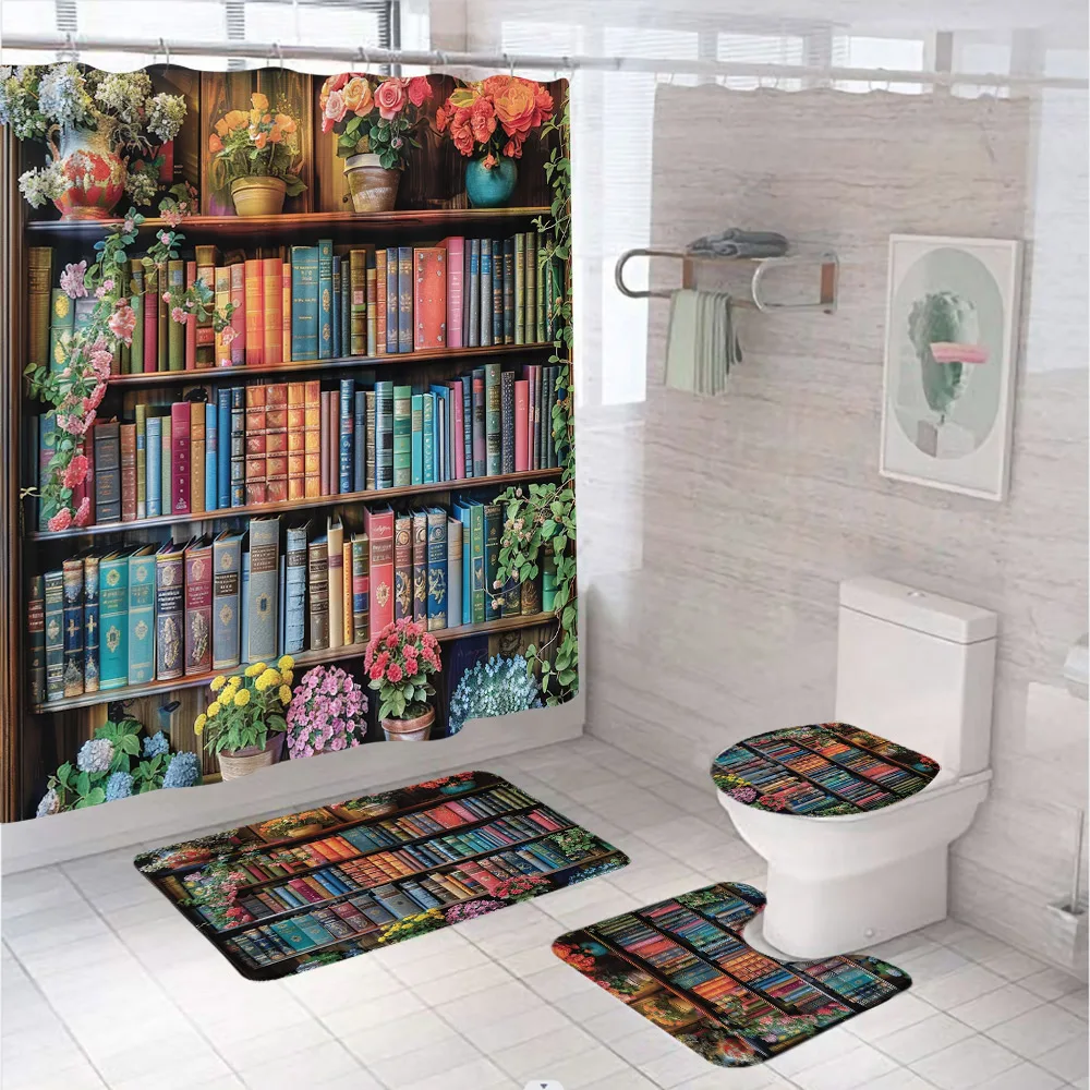 Bookshelf Floral Potted Plant Shower Curtain Set with Rug Toilet Cover Bath Mat Retro Book Floral Bathroom Curtains Accessories