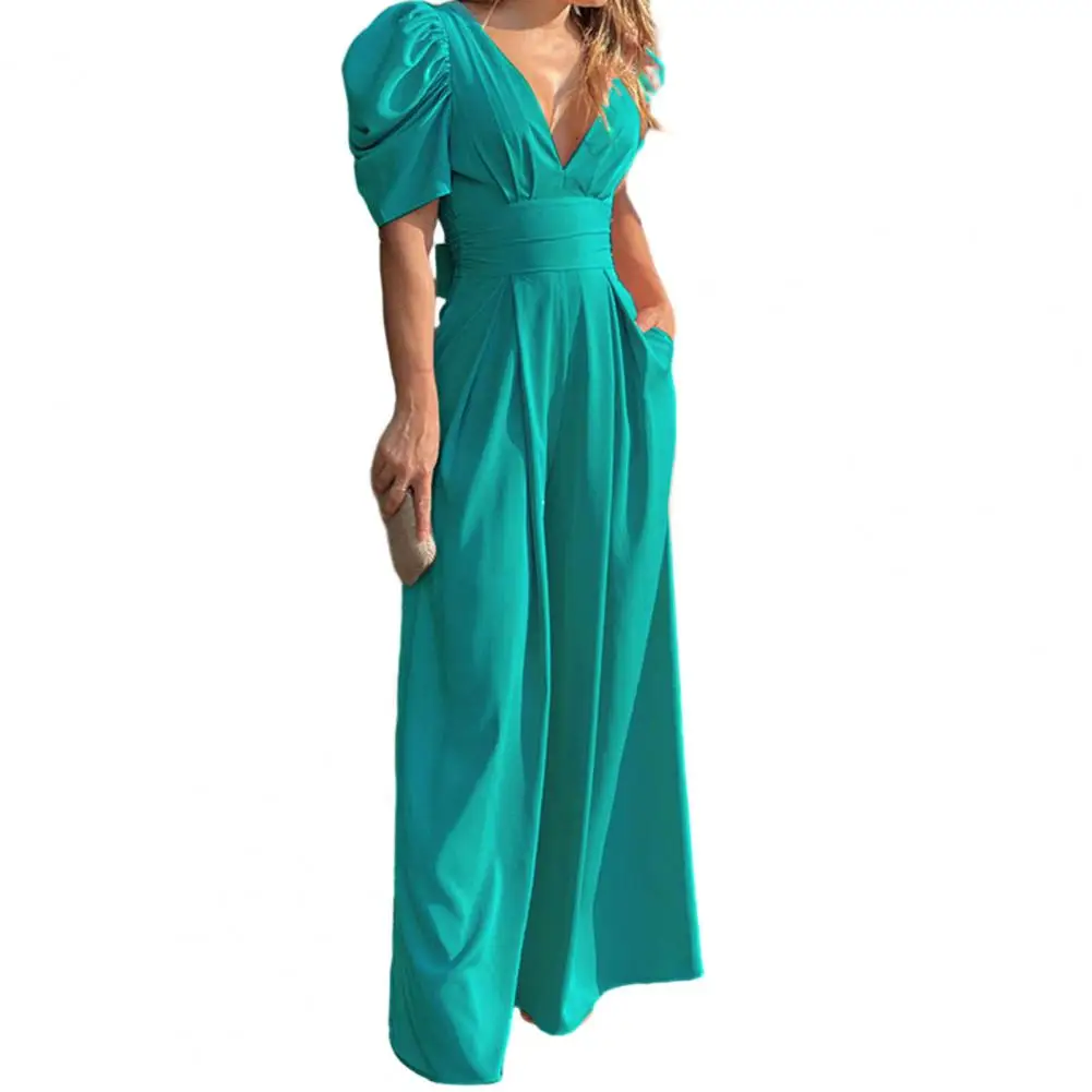 

Women Polyester Spandex Rompers Stylish Women's Jumpsuit with Puff Sleeves Wide Leg Pants Elegant V-neck Hollowed for Party