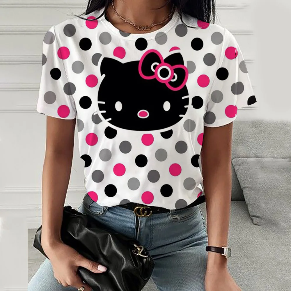 New Hello Kitty print T Shirt Woman Kuromi Kawaii T-shirt Top Women Y2k Fashion Cartoon Short Sleeve Tee Summer Tops