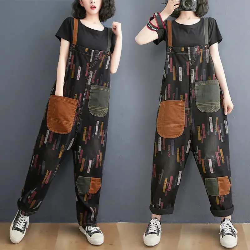 Retro Print Denim Patch Losse Casual Grote Zak Broek Streetwear Grote Maat Eendelige Jeans Jumpsuits Vrouwen Broek B857