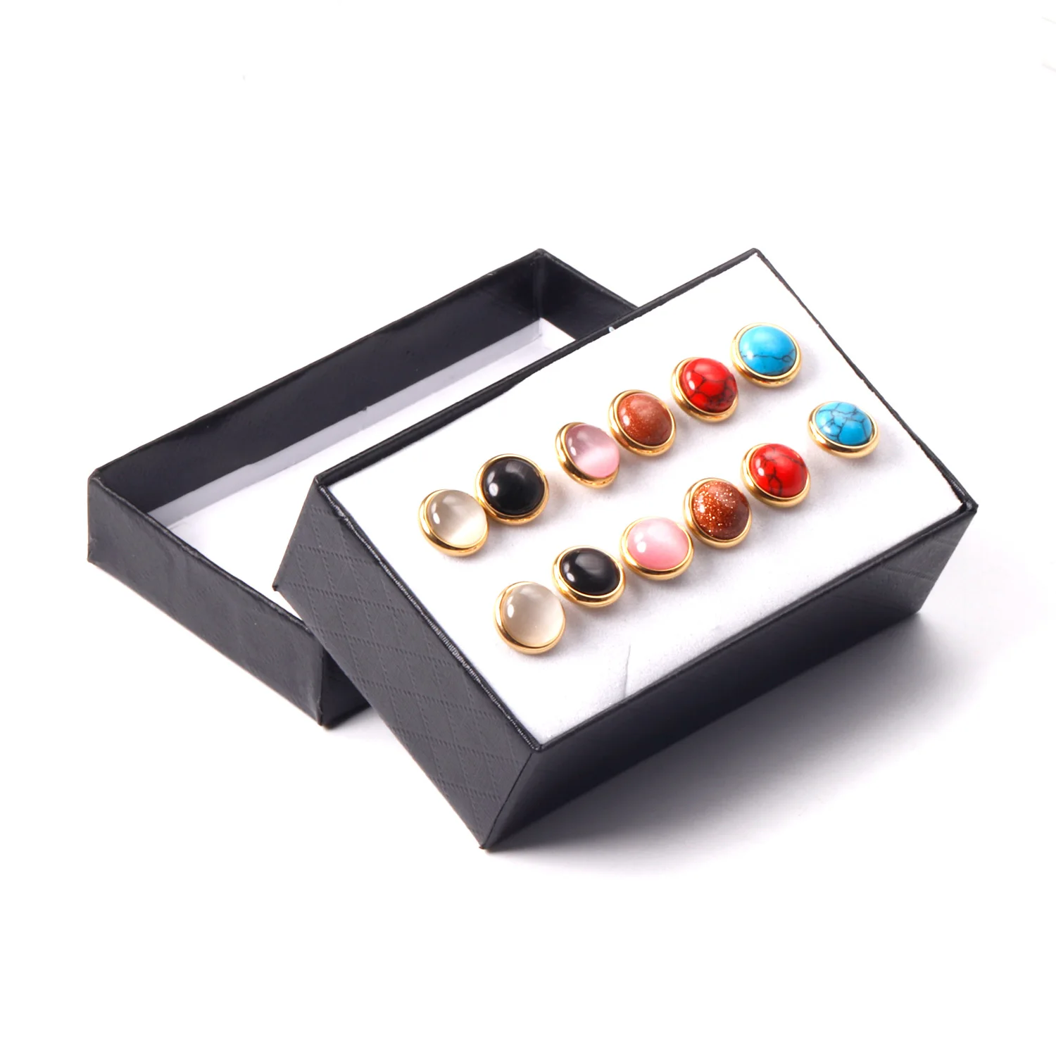 LUXUSTEEL 6Parirs Earring Sets Opp Eyes Stone Ear Studs For Women Men Golden Color Stainless Steel Classic Brinco Party Jewelry