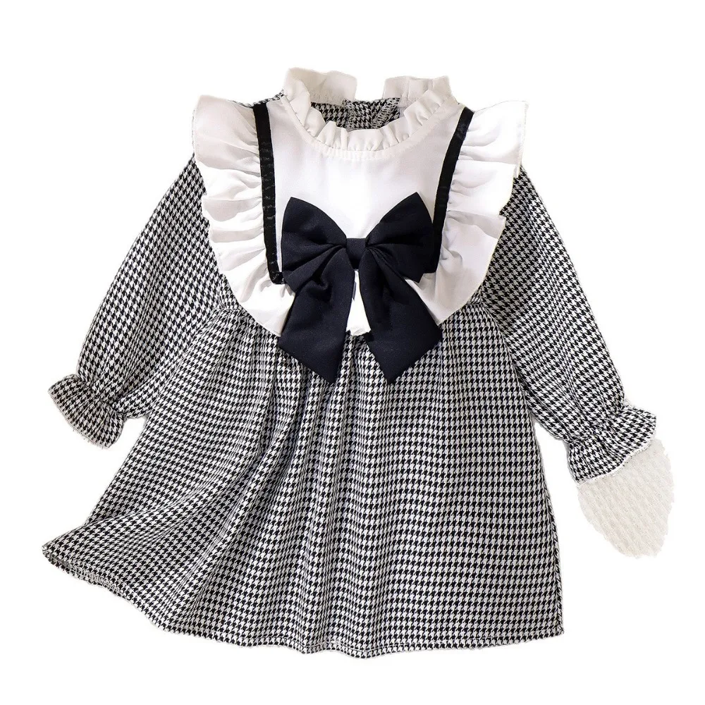 New Arrival Toddler Girls Fall Spring Plaid Dress Bow Ruffled Hem Stylish Princess Dress Kids Outfits for 6M-3Y