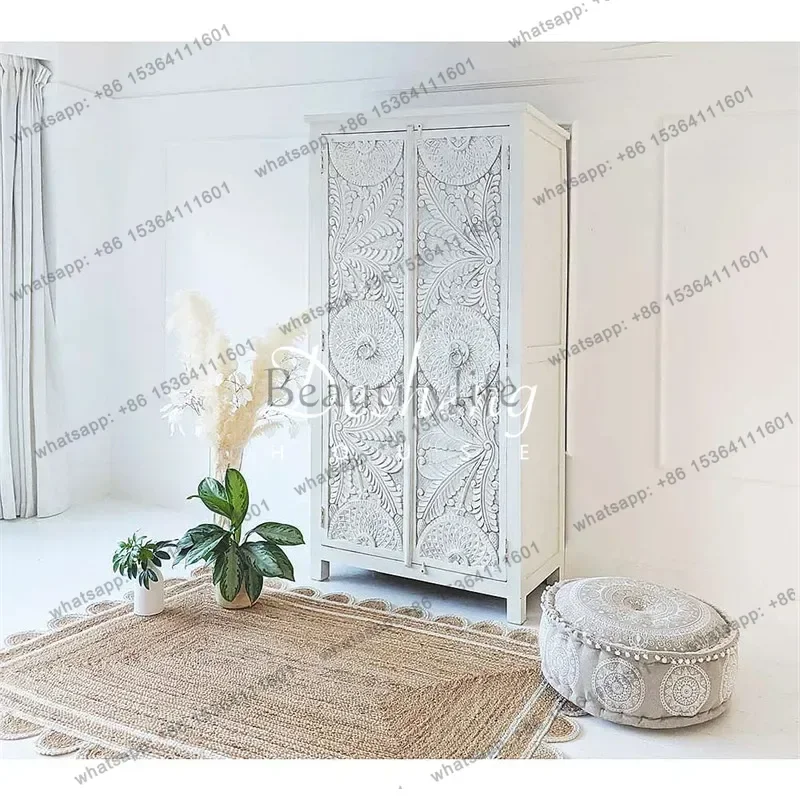 YJ French retro old solid wood wardrobe European hand-carved bedroom wardrobe storage locker antique white export