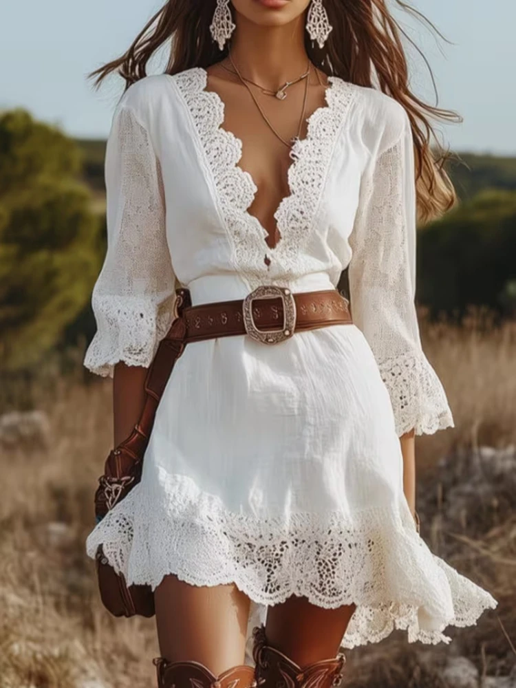 Damen Boho Spitzenkleid Tiefer V-Ausschnitt Trompetenärmel Rüschensaum Minikleid Damen Vintage Konzert Festival Strand Party Freizeitkleider