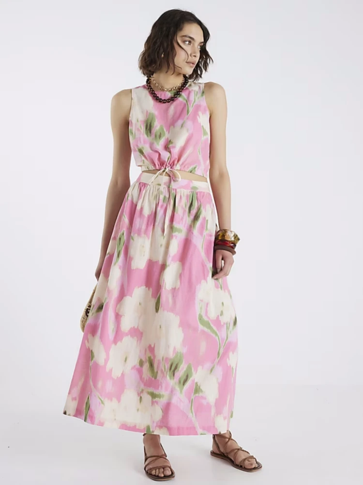 

Women Printed Midi Skirt Two Piece Sets Sexy Floral Print Sleeveless Lace-up Short Top + A-line Skirt Suits Beach Party Sets