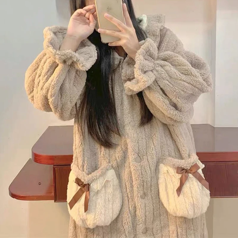 Ruffle Robe for Women Sleepwear Nightdress Winter Night Wears Warm Fleece Pajama One Piece Nightgown Hooded Long Sleeve Homewear