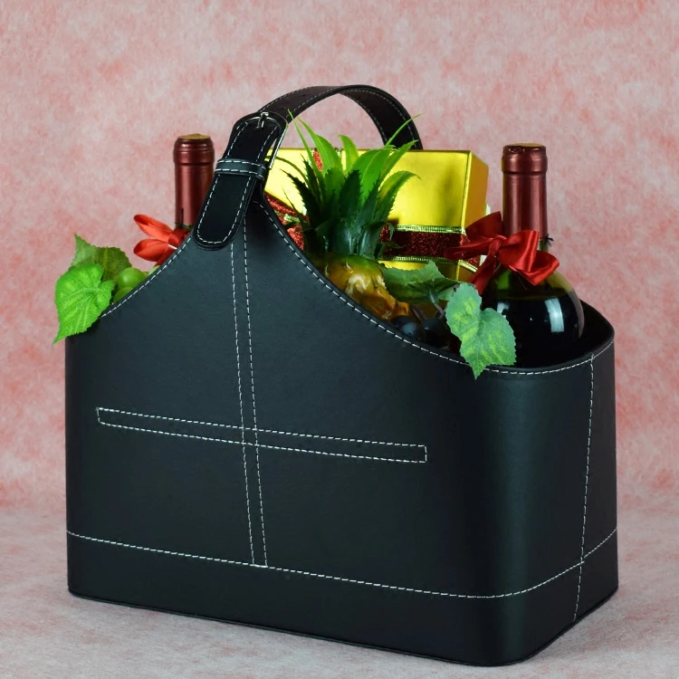 سلة تخزين هدايا جلدية، سلة فواكه محمولة باليد، سلة هدايا عيد الميلاد ومهرجان الربيع، سلة جلدية من النبيذ الأحمر #3