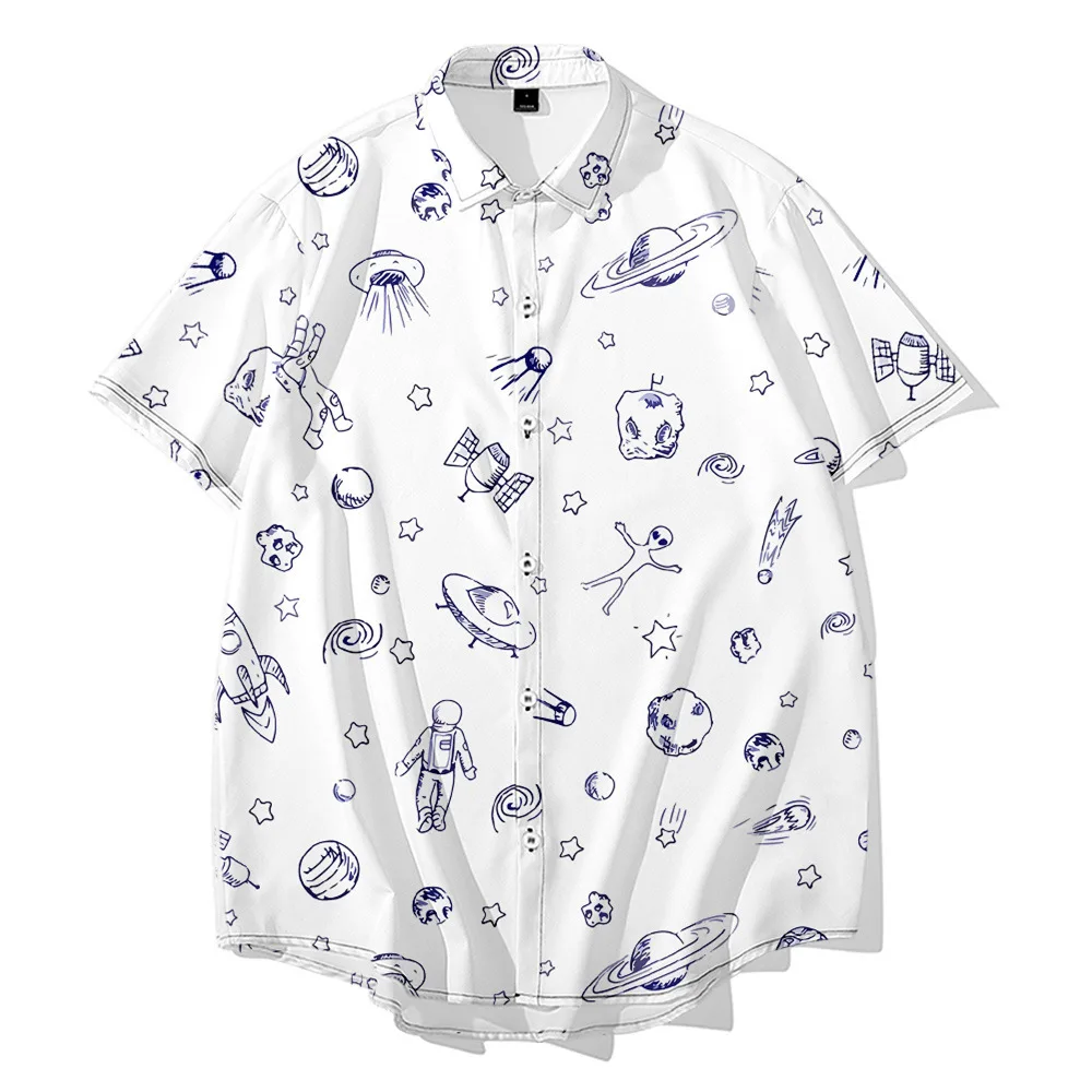 Fashion Men\'s Summer Fitting Oversized 6XL Shirt Hawaiian Spaceship Cartoon Planet Print Short Sleeved Top Beach Casual Shirt