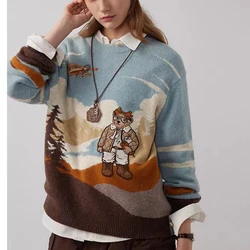 Autumn Cashmere Women's Pullover Cute Bear Sweater Stylish Casual Loose Fit O-neck Knit Bear Embroidery Long Sleeve Jumper 2025