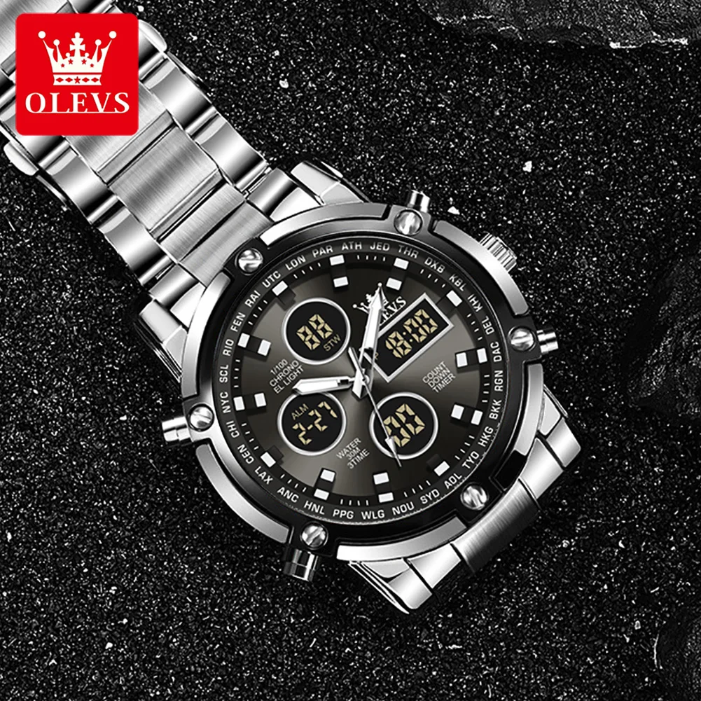 OLEVS New Fashion Dual Display Men Watches Luxury Sport Waterproof Quartz Steel Strip Electronic Watch Luminous Men Watches 1106