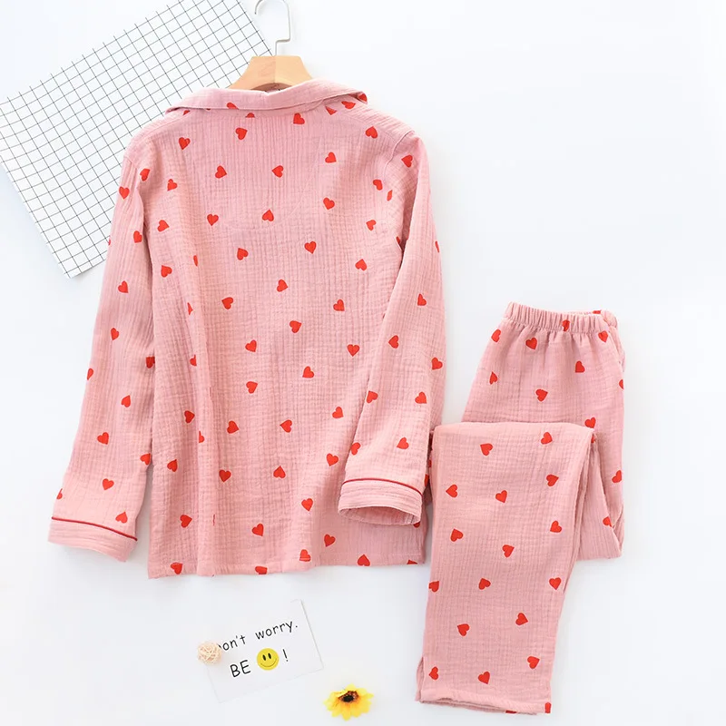 Girl's 100% Cotton Heart Print Polo Collar Short Sleeved Shorts Pajamas Set Women's Summer Thin Breathable Cool Sleep Clothing