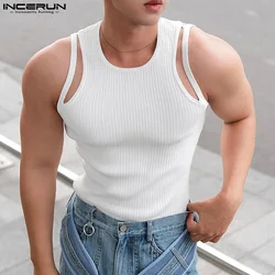 2023 Men Tank Tops Solid Color O-neck Sleeveless Fitness Hollow Out Vests Streetwear Fashion Casual Men Clothing S-5XL INCERUN