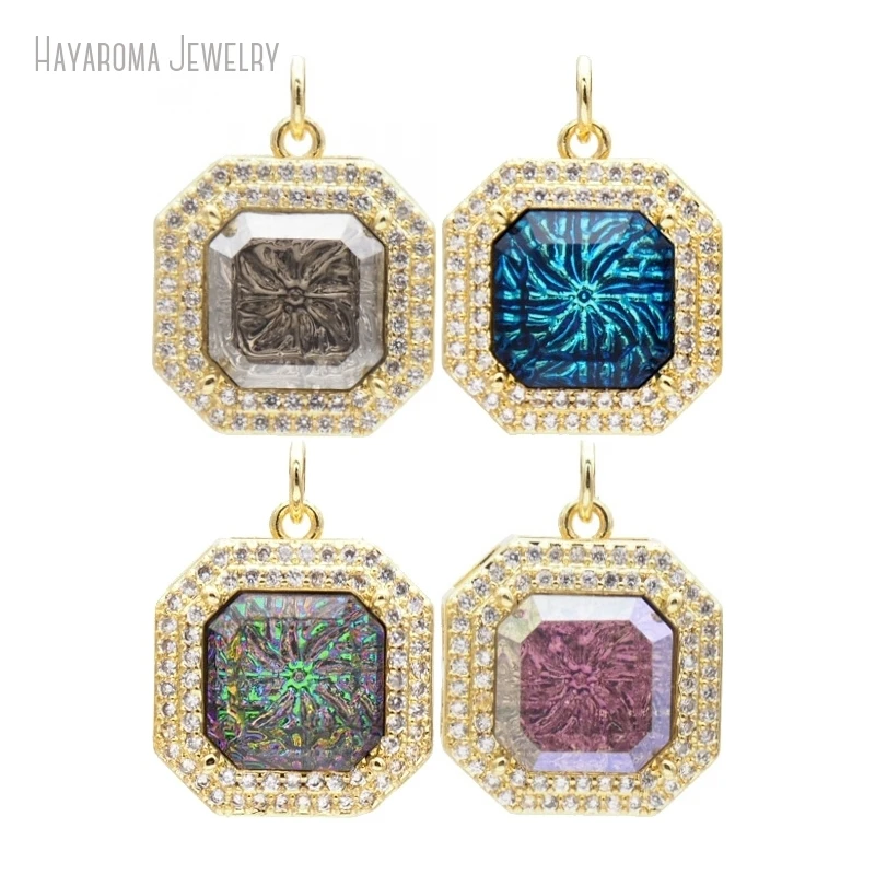 2Pcs Gold Wholesale Metal Glass Mix Color Copper Pendant Jewelry Geometric Octagon Charms PM44083