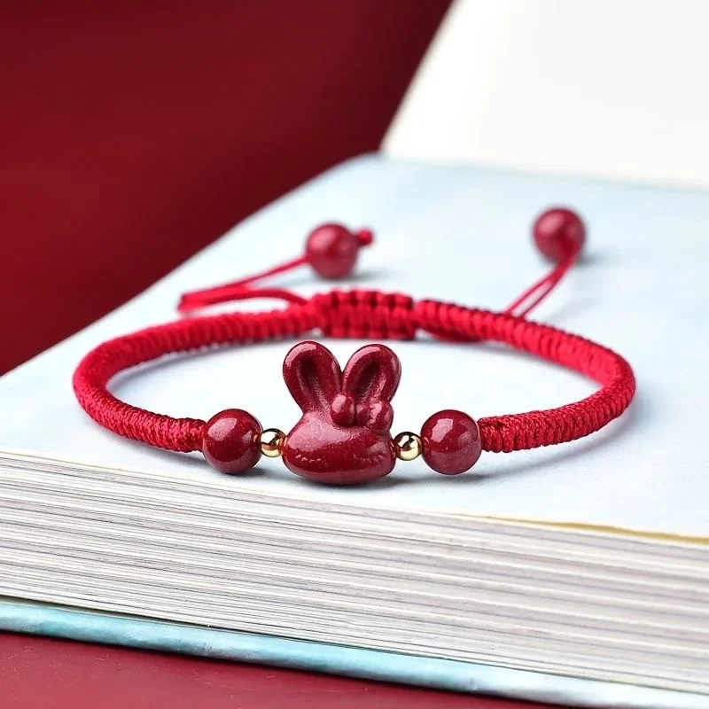 

Customized Cinnabar Rabbit Bracelet Jewellery Carved Fashion Chinese Natural Charm Amulet Hand Knotting Diy Woman Gifts Red