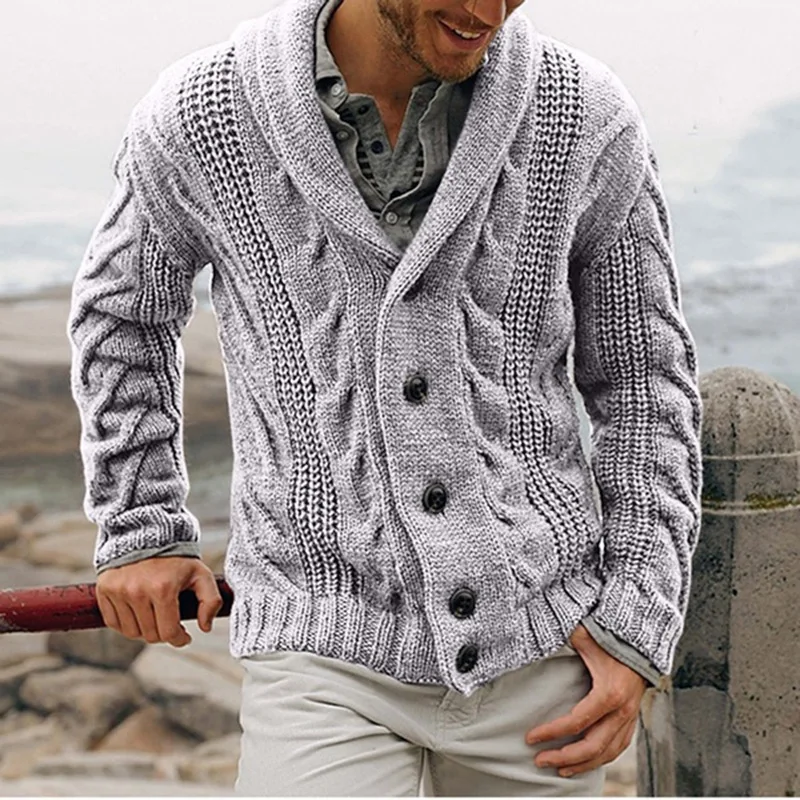 2022 Men\'s Winter Cardigan Sweater solid color Shawl Collar Cardigan Sweater Button Down Cable Knitted Sweater Casual Coat