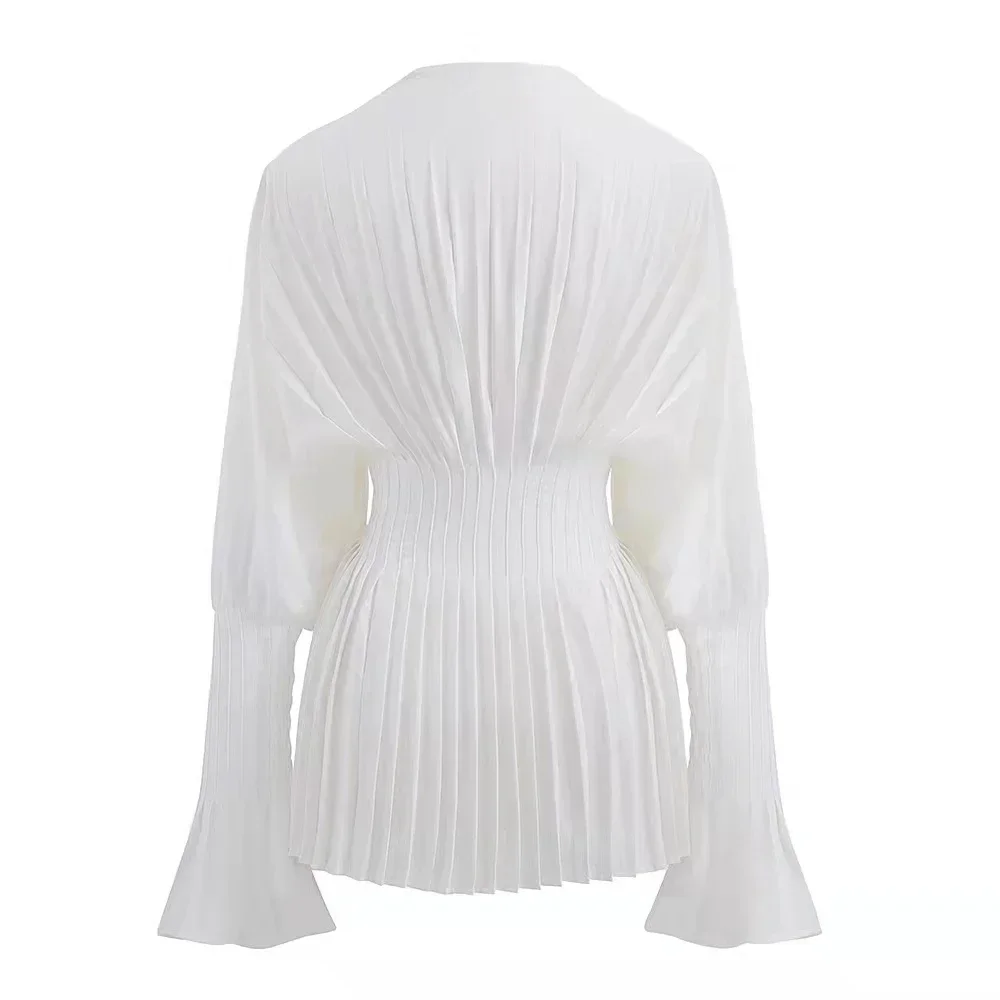 Elegant Women Loose White V-Neck Pleated Shirts Female Lantern Full Sleeve Tops Blouses Casual Blusas 2024 Spring Autumn