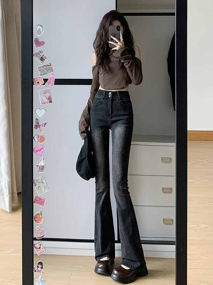 

Женские летние тонкие эластичные джинсы-клеш с высокой талией, утягивающие, черные/серые, широкие, из денима