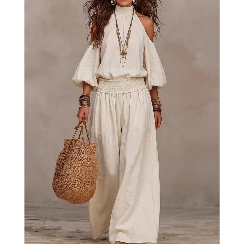 2026 Women's Pants Set Solid Color Off Shoulder Hanging Neck Casual Style Fashion Loose Comfortable With Design Sense Pants Set