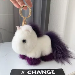 Korean Ins Mink Fur Unicorn Bag Pendant Real Plush Doll Pony Mink Fur Car Keychain Pendant For Wimen