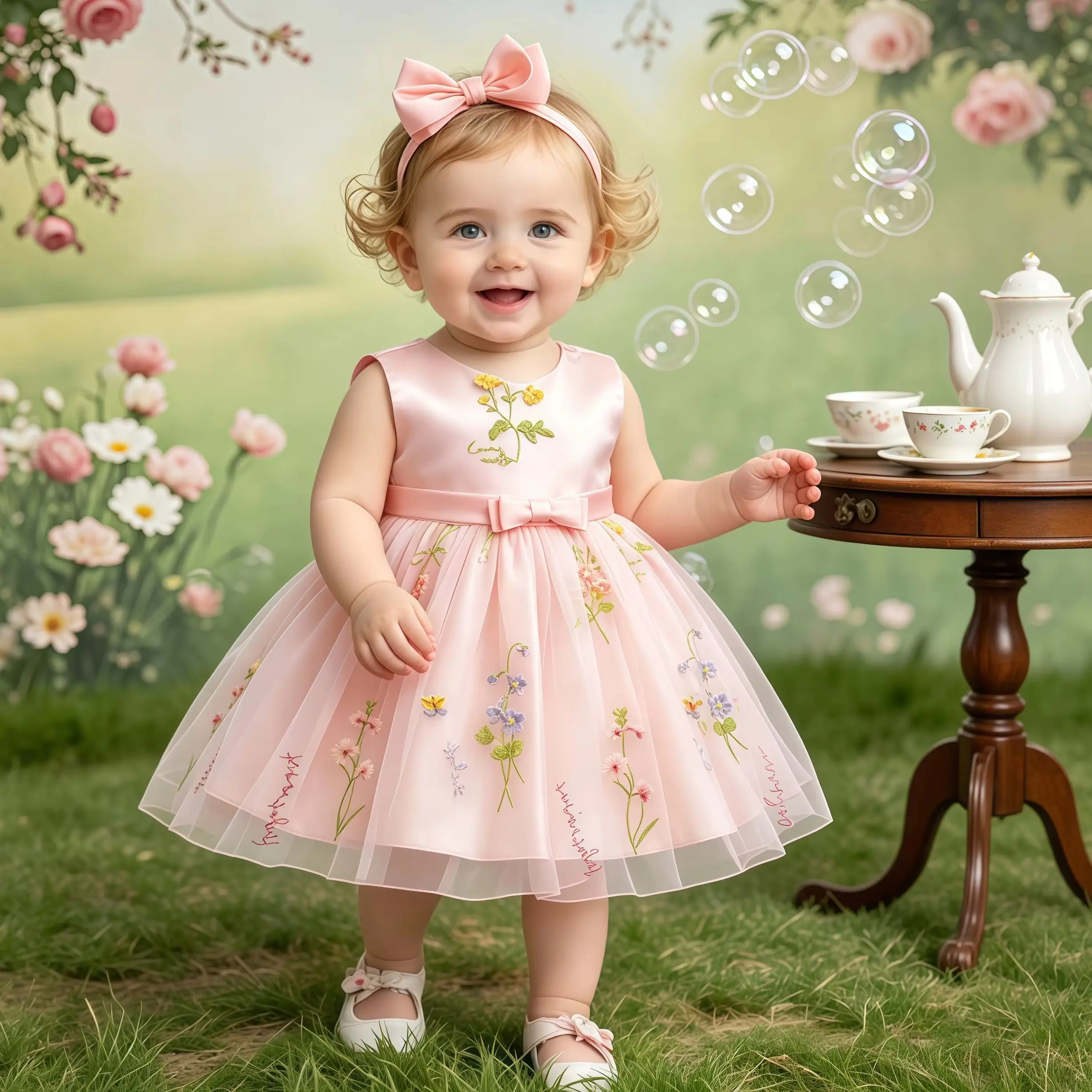 Baby Girls 3-24 Months Elegant Princess Flower Mesh Dress For Infant Wedding Party Baptism Photo Shoot Birthday Evening Gown