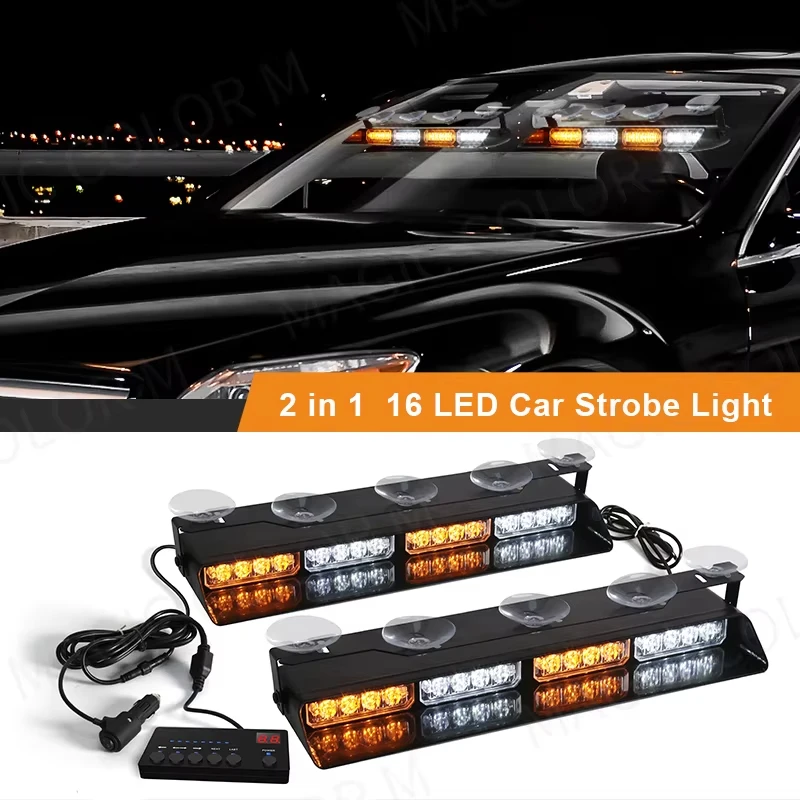 

2-in-1 32 LED Car Strobe Lights For Emergency Flash Warning Lamp Windshield Bar Red Blue Amber White Waterproof Auto Assembly