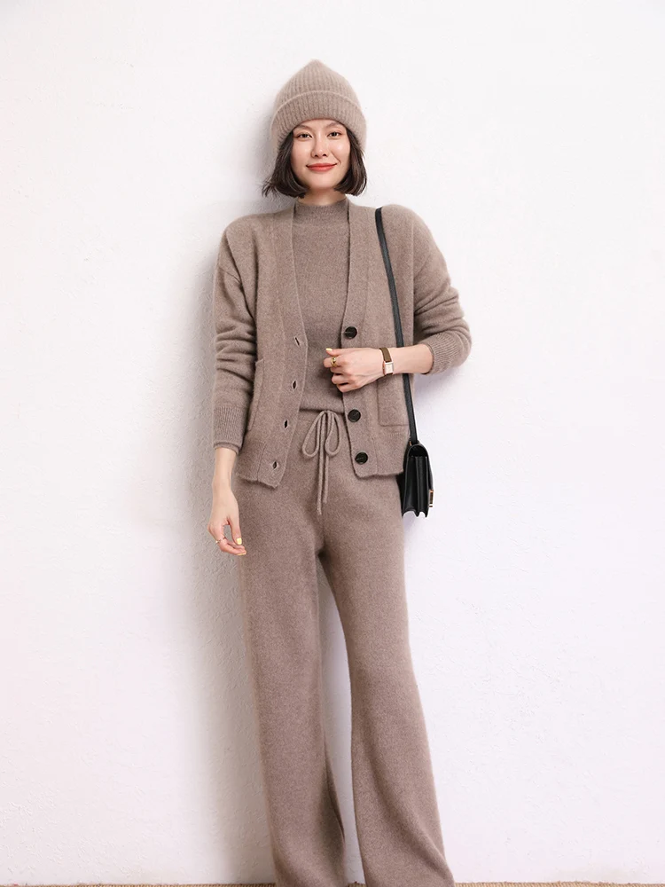 Fashion Suit Autumn Winter 100% Cashmere Knitted Sweater High Quality Women Tops And Harem Pants Two-Piece Female Girl Clothes