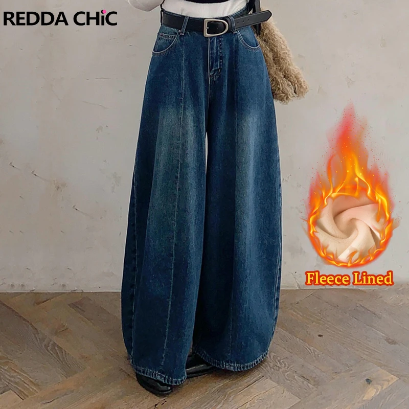 

REDDACHIC Hiphop Men's Fleece Lined Baggy Jeans Distressed Washed Pockets Loose Low Waist Barrel Denim Pants Winter Clothing