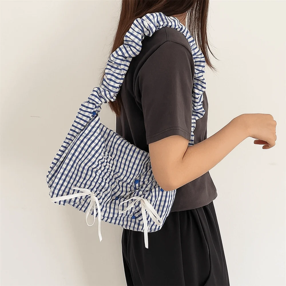 

Casual Sweet Pleated Shoulder Bag Nylon Stripe Bow Tote Bag Pastoral Style Bowknot Fresh Lace Handbag Shopping