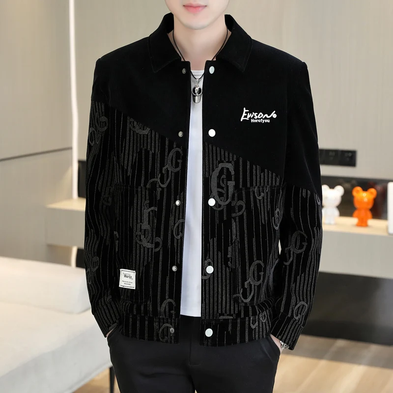 

Autumn Winter Corduroy Men's Jacket High Quality Letter Printed Casual Business Jacket Lapel Social Streetwear Outwear Coats