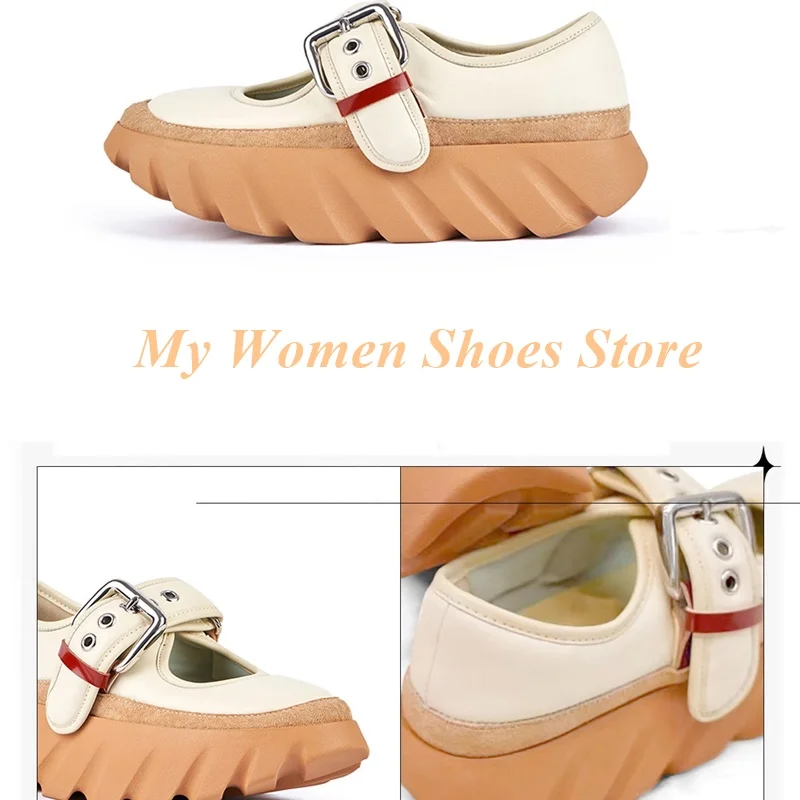 

Buckle Strap Thick Heel Shoes White Black Round Toe Muffin Heel Height Increasing Custom Made Runway 2026 Spring Shoes