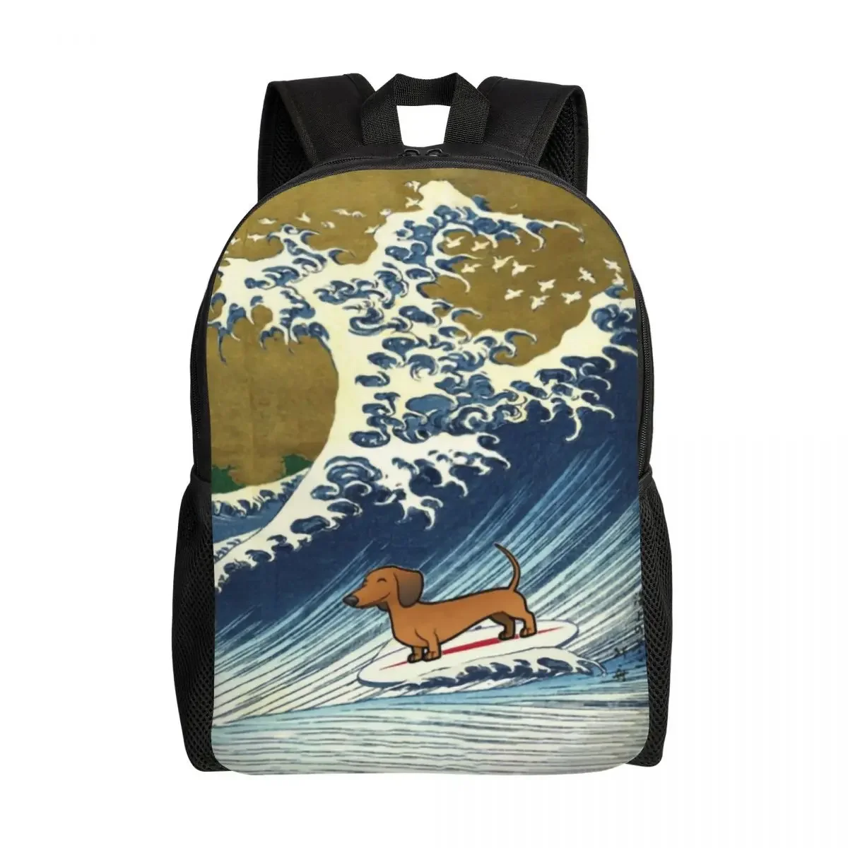 Cute Dachshund Weiner Dog Surfing Backpacks for Women Men Water Resistant School College Puppy Wave Bag Print Bookbags