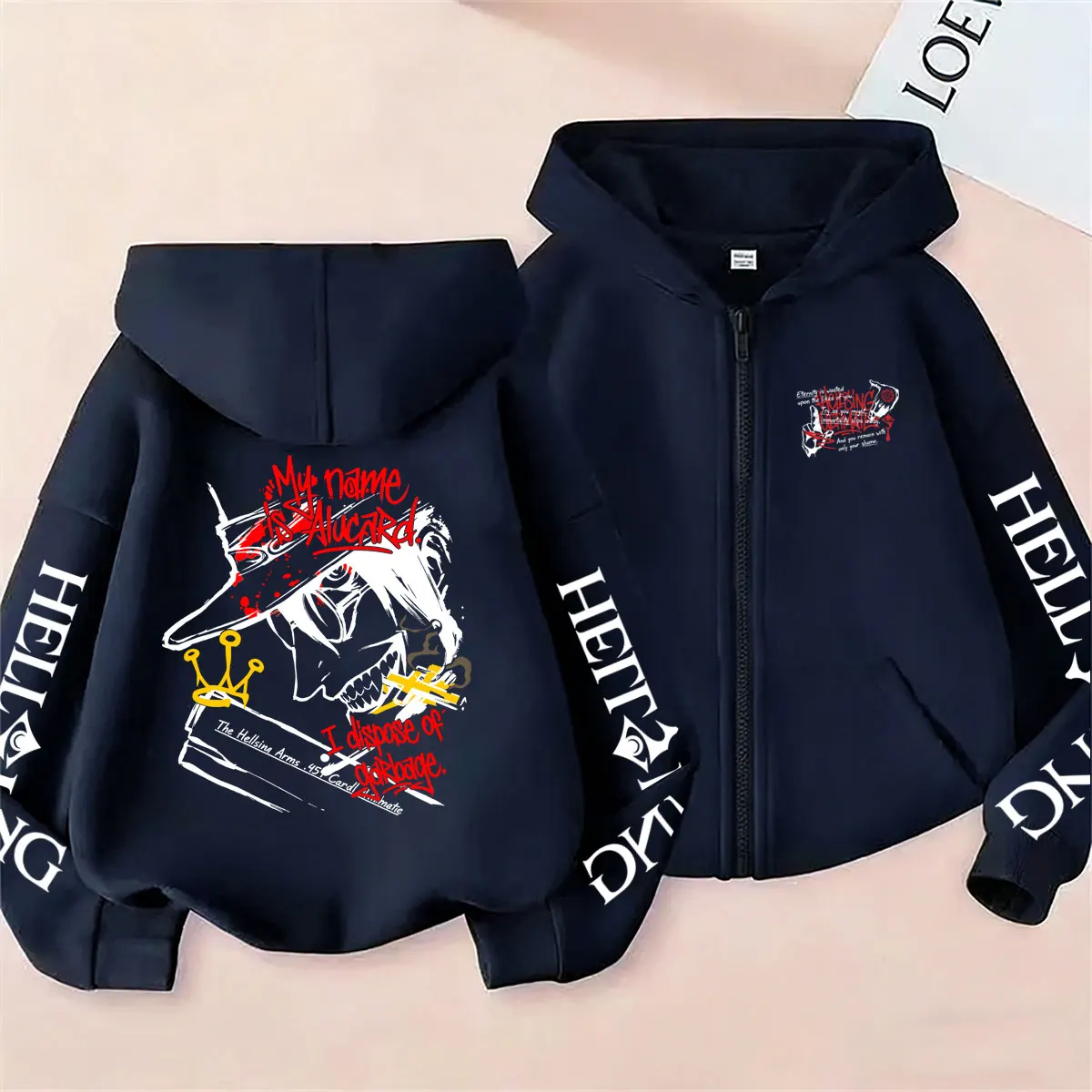 Anime Hellsing Vampir Alucard Grafik-Reißverschluss-Hoodie für Männer und Frauen, Manga Oversized Streetwear, Gothic Rock Zip-Up Jacke – Detail 4