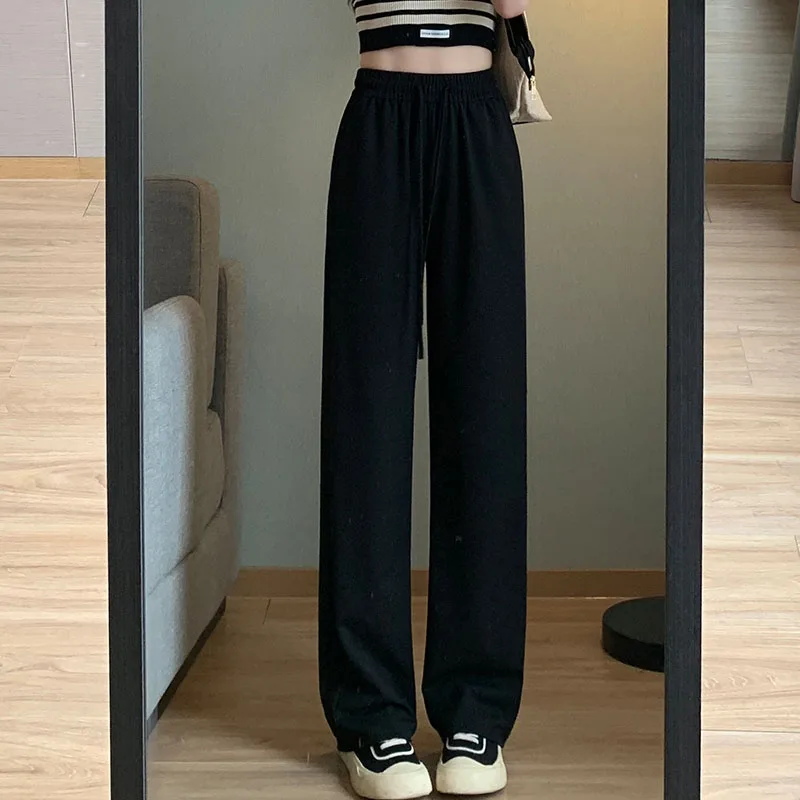 New Women\'S Spring Autumn Summer High Waist Draping Straight Tube Wide Leg Pants Versatile Casual Sunscreen Ice Silk Trousers